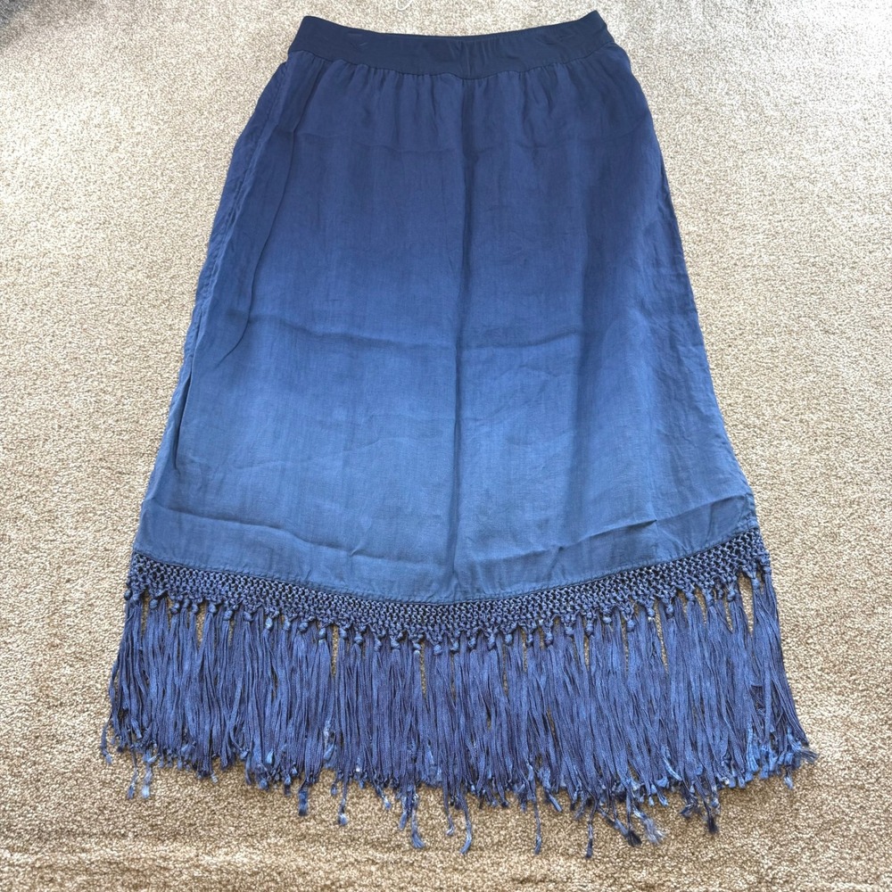 Chicos Blue Ombre Fringe Maxi Skirt 2 Linen Macrame Boho Long Festival Whimsy
